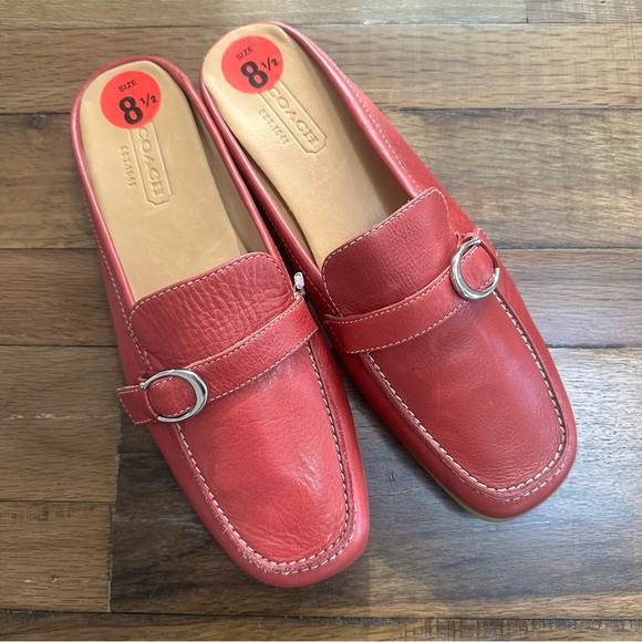 Coach Red Pebbled Leather Silver Logo Loafer Mules 8.5 - Picture 1 of 3